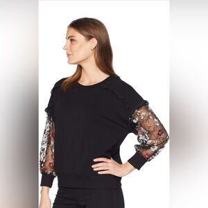 CeCe Black Sweatshirt with Sheer Floral Embroidered Sleeves - Size Small
